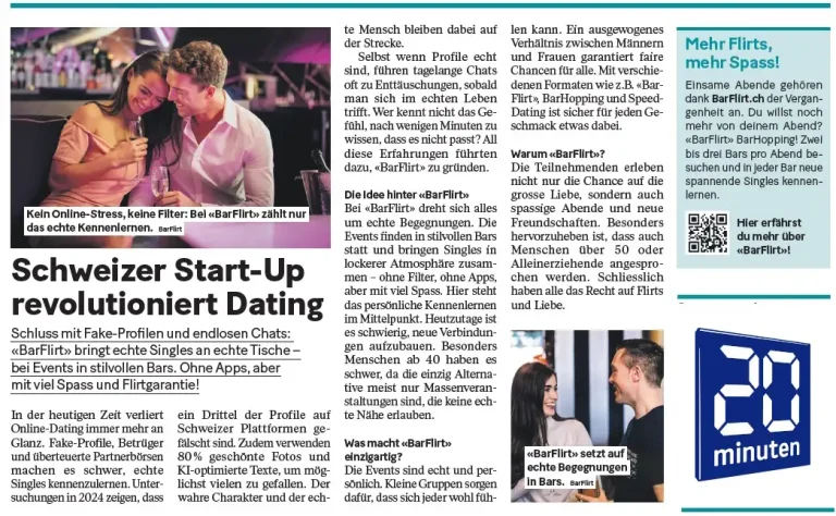 Artikel "BarFlirt" in Pendlerzeitung 20 Minuten